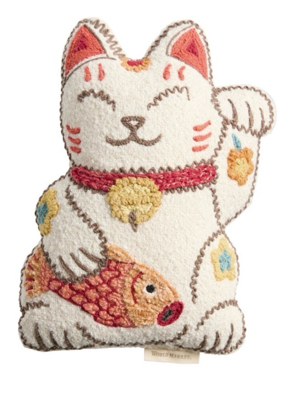 Embroidered Lucky Cat Plush Toy - Cream with Pink & Orange Accents